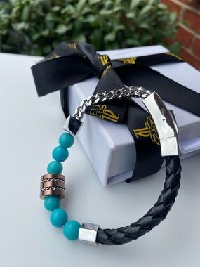 Handcrafted Black Leather & Turquoise Bead Bracelet